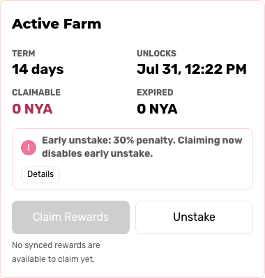 Active Farm showing term, rewards, and exit actions