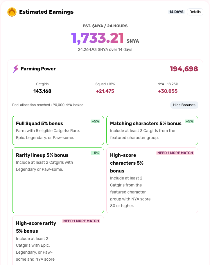 Bonus breakdown showing matched and unmatched squad bonuses