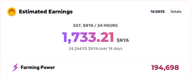 Estimated Earnings showing daily estimate and Farming Power