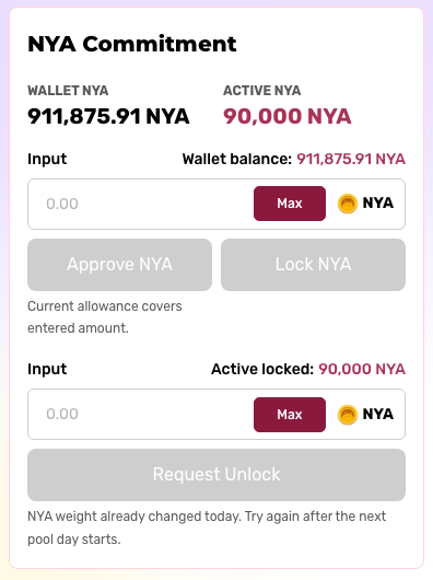 NYA Commitment showing wallet, active, and pending NYA balances