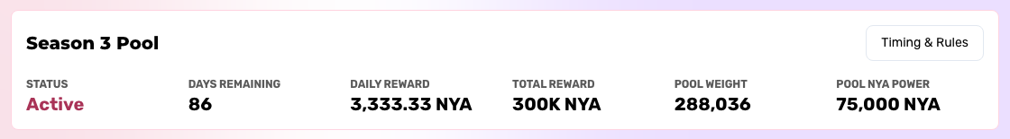 Season 3 pool overview showing status, daily reward, Pool Weight, and Pool NYA Power